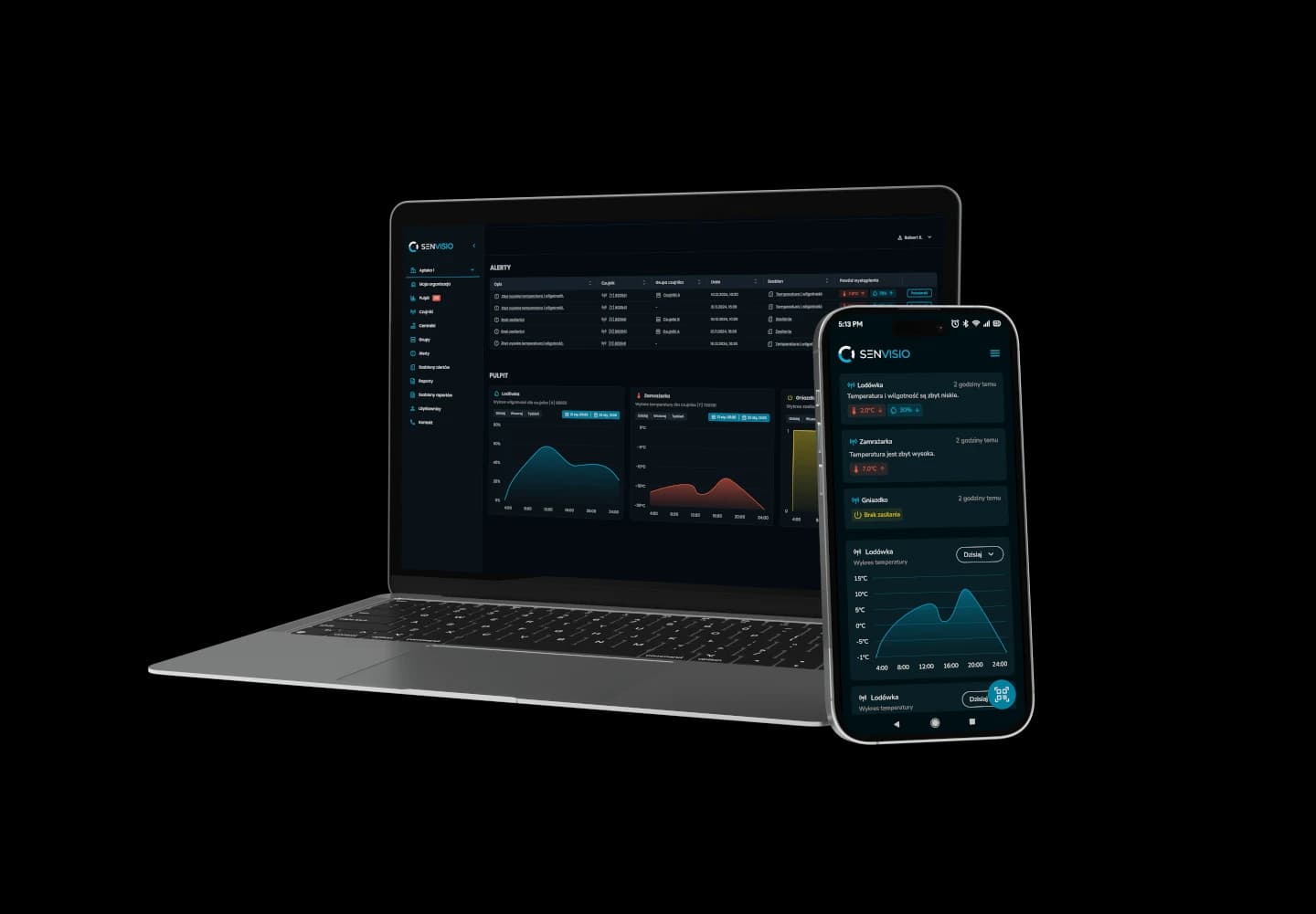 Laptop i telefon położone obok siebie z uruchomioną aplikacją SENVISIO